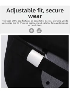 Detail of adjustable metal buckle on black cotton baseball cap for a custom fit