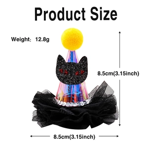 Iridescent Halloween pet party hat with sizing details for glowing pumpkin bat costume