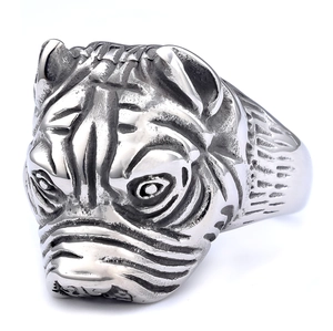 Punk style shar pei dog head ring in vintage stainless steel with oxidized finish