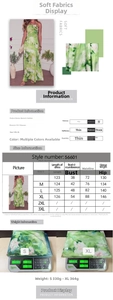 Tableau des tailles détaillé pour robe longue à fleurs incluant mesures S à XL et matière