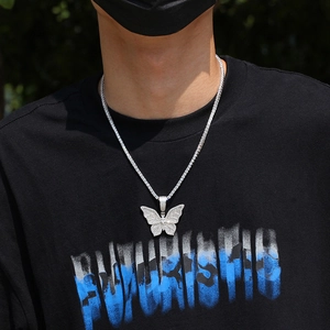 Silver iced out butterfly pendant with matching tennis chain for hip hop street style
