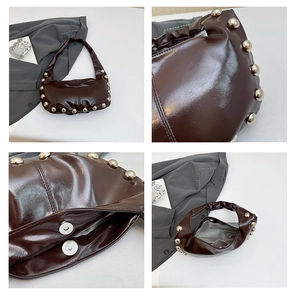 Detailed views of dark brown oil wax leather shoulder bag with silver spherical studs