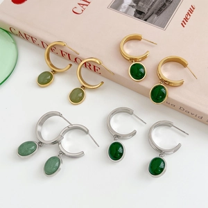Luxe green aventurine earring set with gold and silver C-hoops in minimalist style