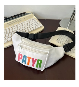 Detail of white nylon waist bag with colorful PATYR letter print and double zippers