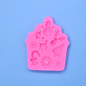 Pink Christmas silicone mold featuring snowman, deer and snowflake for DIY cake baking