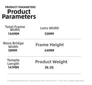 Detailed size chart showing 144mm width and 64mm height for oversized round sunglasses