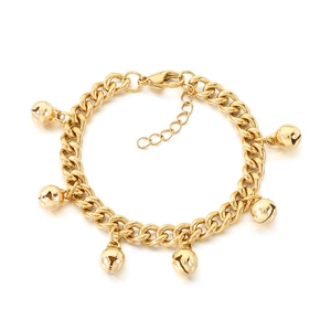 18K gold plated stainless steel chunky chain bracelet with bell pendants on white background