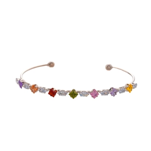 Rainbow cubic zirconia geometric star open bangle bracelet in polished silver finish
