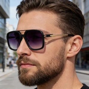 Detail of vintage square sunglasses with gradient purple lenses and gold metal accents