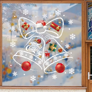 Christmas window decals with bells, red ornaments and Merry Christmas text decor