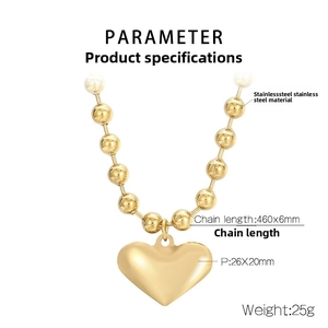 Detail showing 460mm stainless steel golden heart necklace with 6mm bead chain