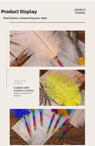 Macro detail of rainbow feather quill pen with metallic gradient barrel and fine engraving