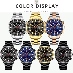 Detailed color display of multi-functional quartz watches in six steel finish variants