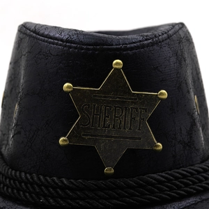 Schwarzer Sheriff Cowboyhut aus PU-Leder mit breiter Krempe und bronzenem Stern