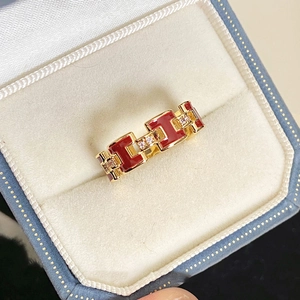 Gold plated H-letter open ring with red enamel and zircon stones in a retro style