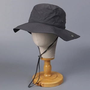 Detail view of quick-dry hiking hat with adjustable windproof drawstring and side vent