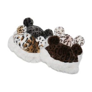 Winter plush leopard print bear ear hats in four colors with faux fur trim and thick lining