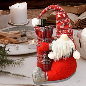 Christmas gnome wine bottle cover in red and grey plaid with long beard decoration