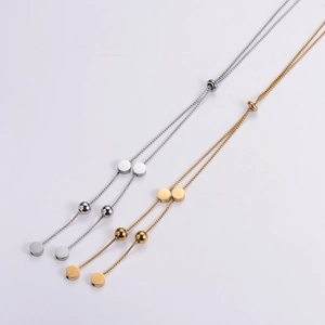 Minimalist double layer bead chain necklace in gold and silver finish with disk pendant