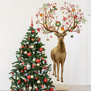 Sticker mural renne de Noël réaliste à l'aquarelle avec décorations et sapin festif