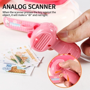 Detail of pink bear scanner with sound and light effects for kids' cash register toy