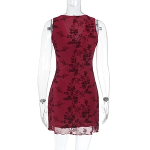 Rear view of slim fit sleeveless dress in burgundy floral mesh with detailed texture
