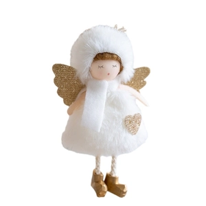 Plush Christmas angel doll with golden wings and heart button, festive hanging ornament