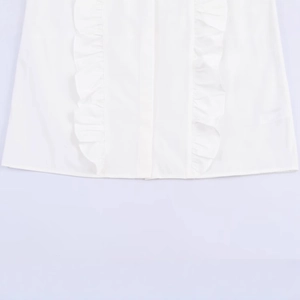 Women's white poplin shirt featuring elegant symmetrical ruffle details and lapel collar