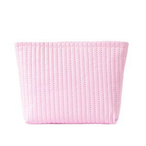 Pink quilted waterproof makeup bag with vertical stitching and large storage capacity