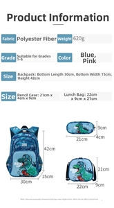 Size chart showing dinosaur school backpack set dimensions for grades 1-6 students