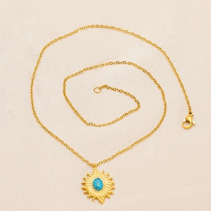Oval Turquoise Sunburst Pendant Necklace Stainless Steel Gold Plated Retro Bohemian Style Jewelry For Women