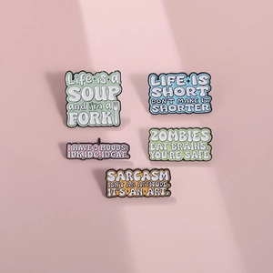 5-piece colorful enamel pin set with funny quotes on minimalist pink background