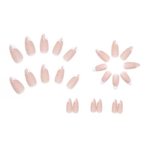 French white tip almond press-on nails with elegant gold foil and nude pink base