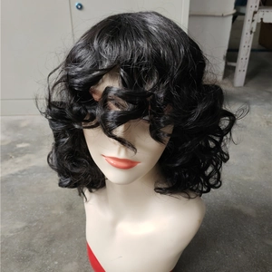 Black medium-length curly wig with thick bangs and fluffy large waves for women