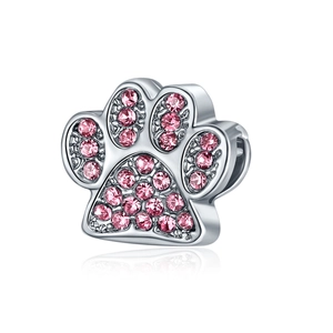 Silver paw print charm bead with pink crystals for DIY bracelet and necklace making