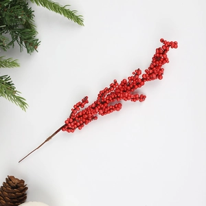 Artificial red holly berries branch with pine cone and green pine needles decoration