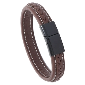 Brown braided leather bracelet with white stitching and black magnetic clasp