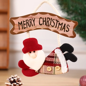 Plush Santa Merry Christmas hanging sign with red and green plaid fabric decor