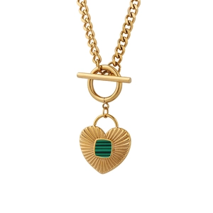 Vintage OT buckle gold necklace with heart pendant and green malachite gemstone inlay
