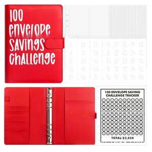Detail view of red PU 100 envelope savings challenge binder with tracker and pockets
