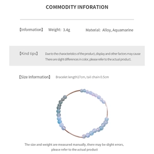 Detailed specs of aquamarine beaded bracelet with alloy charms and measurement guide