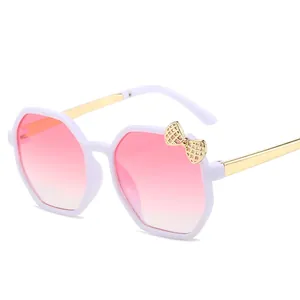 Kids polygon white sunglasses with gold metal bow and pink gradient lenses