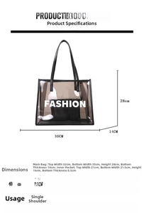 Detailed size chart for transparent tote bag showing main bag and inner pouch dimensions