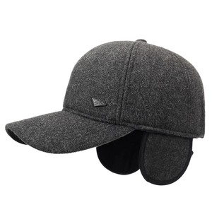 Winter thermal grey baseball cap with ear flaps and metal sport badge for men
