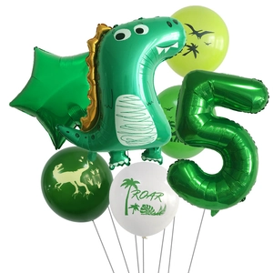 Green dinosaur birthday balloon set featuring foil number 5 and roar theme decorations