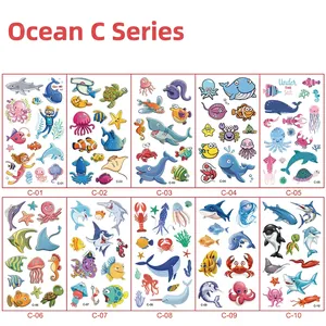 Detailed set of 10 ocean-themed cartoon temporary tattoos for kids with sea creatures