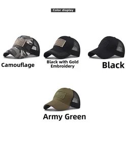 Color display of mesh trucker hats with American flag patches in camouflage and solid tones