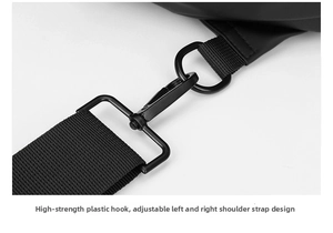 Detail of high-strength rotating clasp and adjustable nylon strap on black crossbody bag