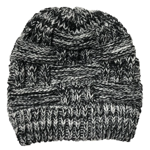 Detail of mixed grey chunky knit beanie showing thick ribbed texture and warm yarn fibers