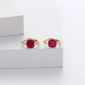 Macro shot of gold S925 sterling silver hoop earrings with square red zircon stones